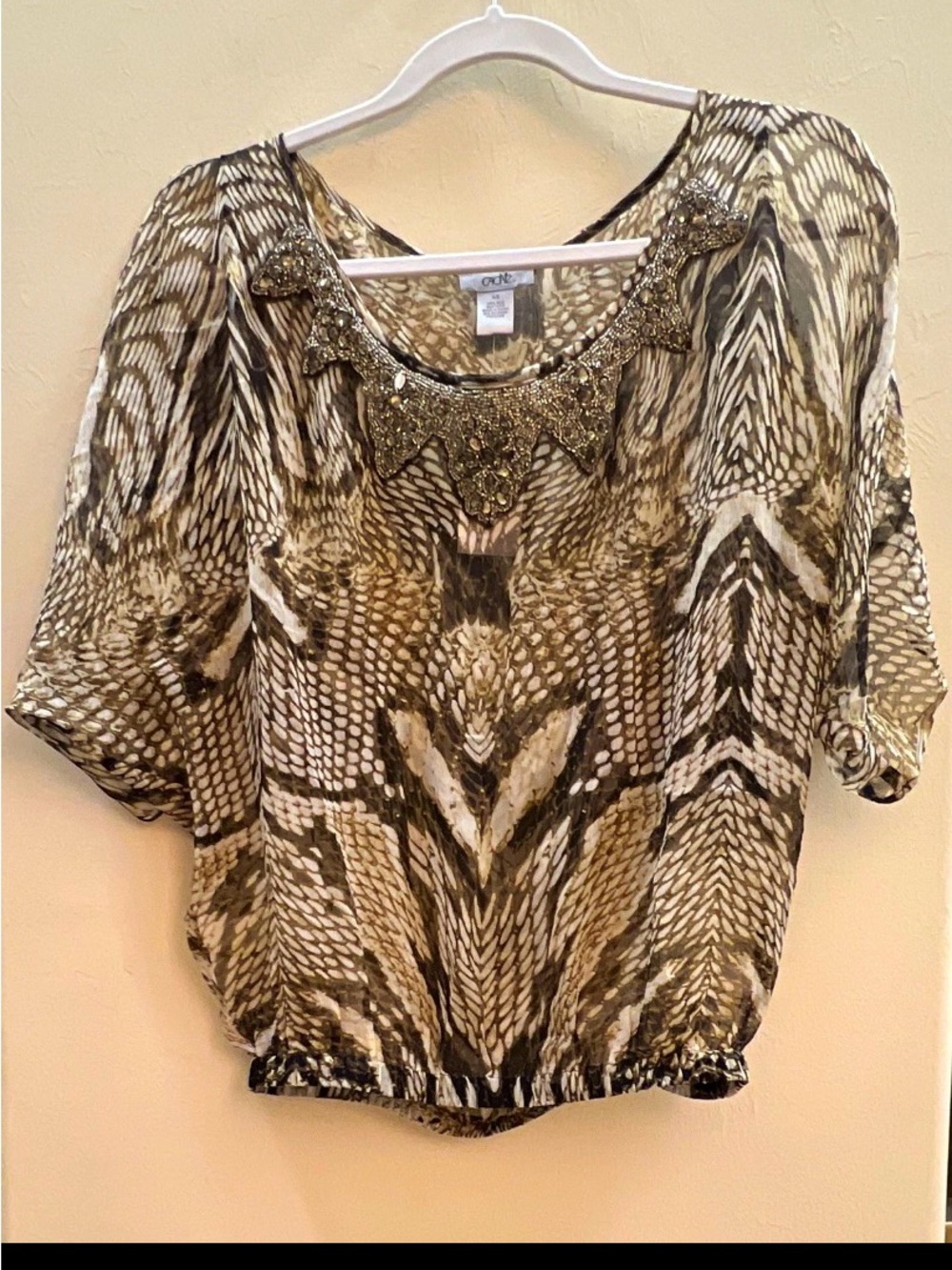 Cache brown & Cream animal print Beaded Scoop Neck silk Blouse XS